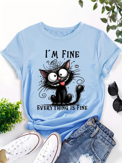[ 70% off Special Offer]Women'S Short Sleeve T-Shirt, Fun Cat Design "I'm Fine, I'm Fine, Everything'S Fine" Cat Lover Gift Pattern Print, Elegant Sweet Cute Vacation Commuting T-Shirt, Party T-Shirt, Home Essential T-Shirt