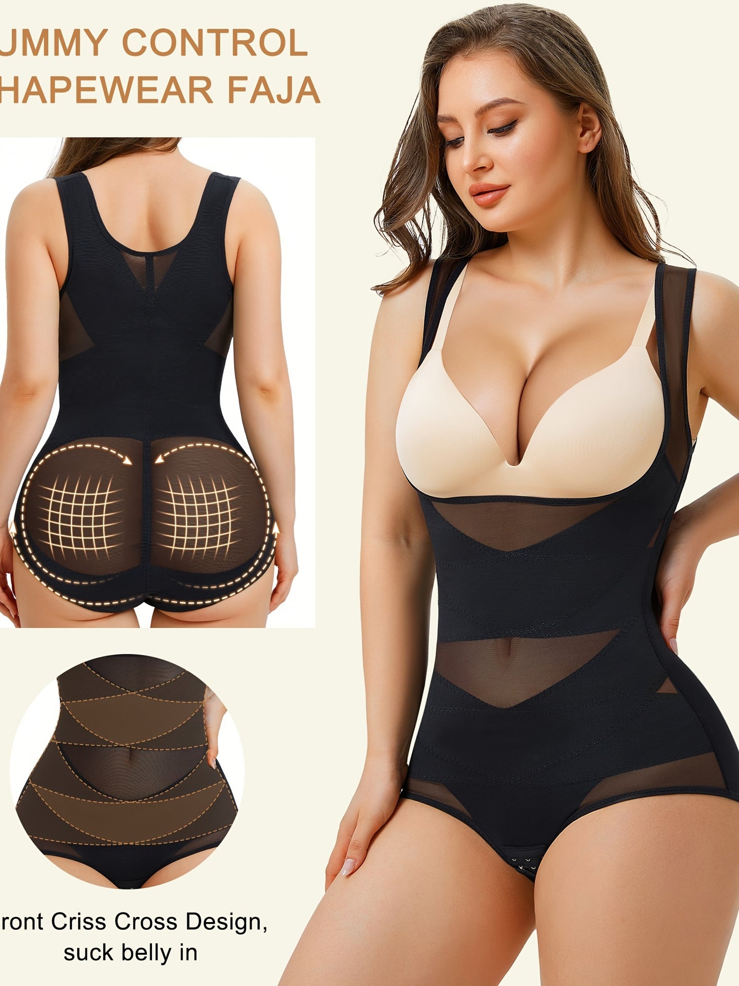 Women's Shapewear Bodysuit, Tummy Control High-Waist Panty, Butt Lifter, Underwear with Wide Straps Comfortable U-Shape Push Up Design, Breathable Body Shaper