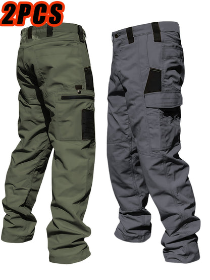 2pcs Men'S Tactical Work Pants with Spacious Multi-Pocket Design & Durable Ripstop Fabric, Outdoor Pants for Camping, Climbing, Fishing, Hunting, Straight-Leg Fit with Belt Loops, Rugged Style, All-Season Pants