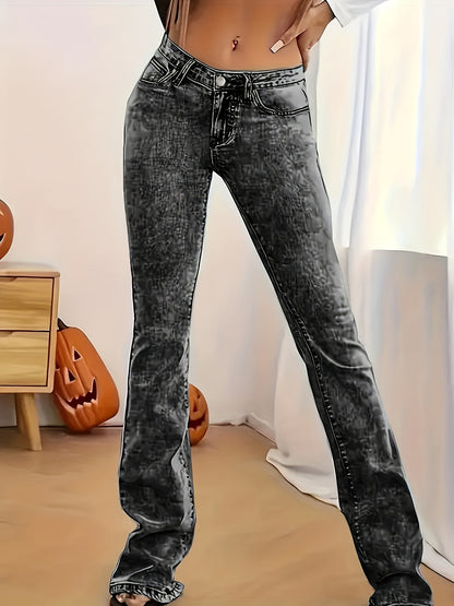 2026 NEW [Long Length Skinny Flare Jeans] Women'S Casual Skinny Flare Jeans, Long Length, Low Waist, Button Fly, Medium Stretch, All Seasons, Solid Color
