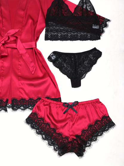 Women's Sleepwear, Home Clothes, Bathrobe 5pcs Set, Multi-color, No Pattern, Sexy, Solid Color, Contrasting Lace, No Lining, Belt, Adult Style, Comfortable and Breathable Fabric, Essential for Lovers to Save Money