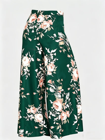 Plus Size - New Women'S Solid Color Top And Printed Pants Chiffon Fashion Style Set Top And Pants Two Piece Set