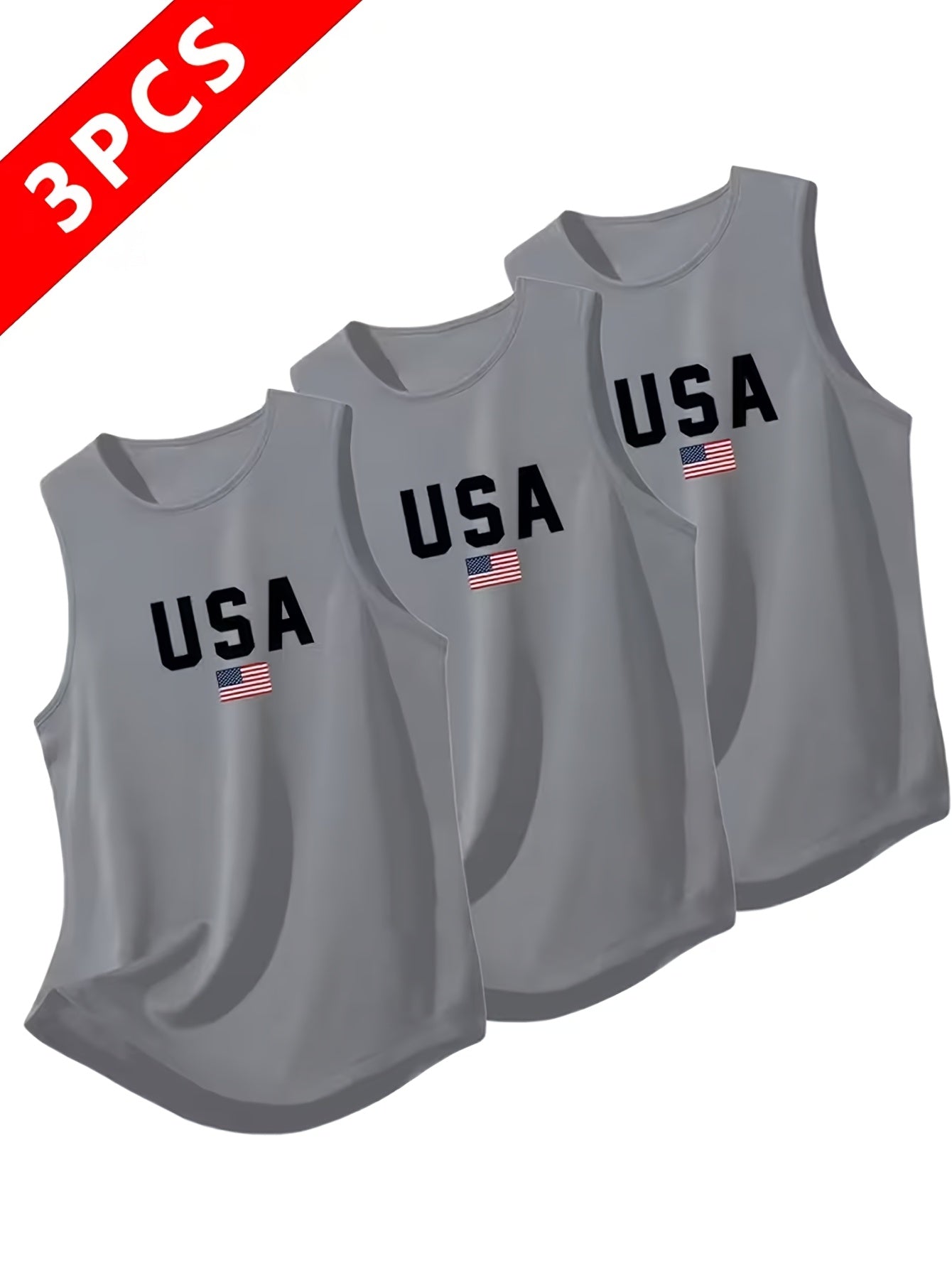 Three Summer Men's Quick-Dry, Moisture-Wicking, Breathable Vests, Sleeveless Tops Suitable for Running And Training, Featuring USA Letter Prints, Available In Various Color Combinations: Black, White, Gray