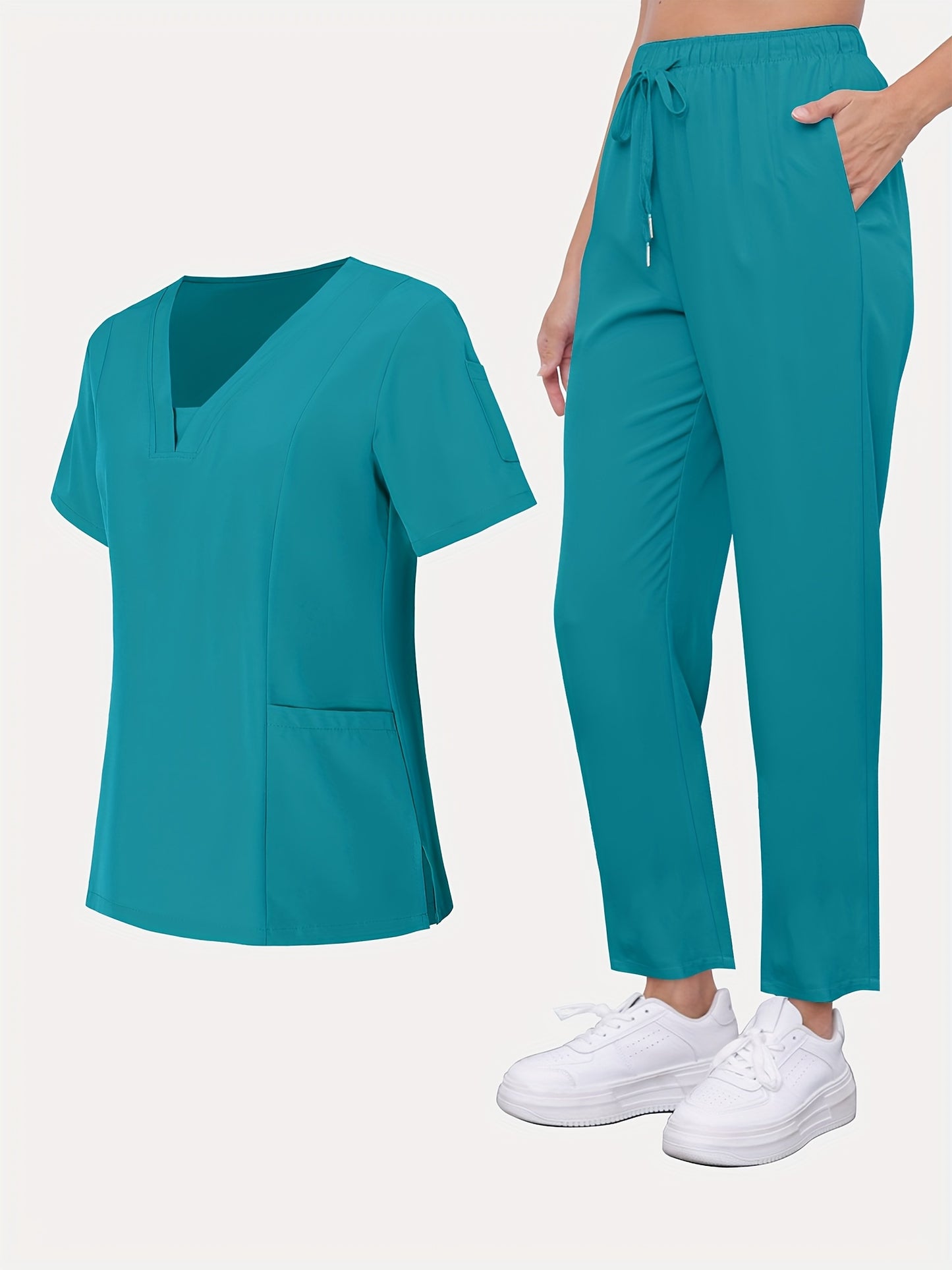 2pcs Women's Breathable V-Neck Work Uniform - Machine Washable Pocket Detail Matching Top & Pants, Casual Work Clothes Suitable for Work Uniforms, Healthcare, Education, Retail - Comfortable Professional Attire