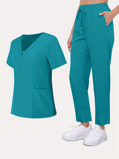 2pcs Women's Breathable V-Neck Work Uniform - Machine Washable Pocket Detail Matching Top & Pants, Casual Work Clothes Suitable for Work Uniforms, Healthcare, Education, Retail - Comfortable Professional Attire