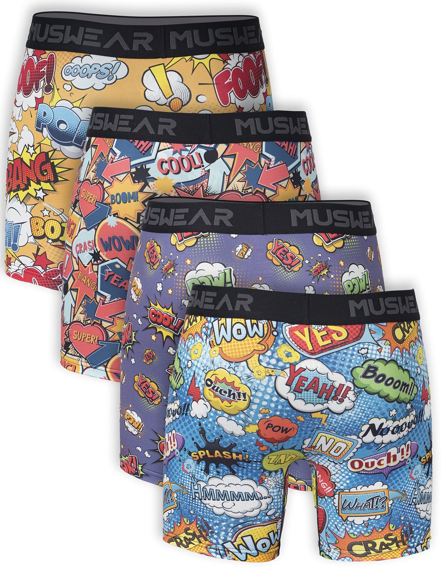 Set of 4 MUSWEAR Men's Boxer Shorts, Moisture-Wicking, Sweat-Absorbing, Side-Opening, Long Length, Print, Quick-Dry Sports Underwear in Cartoon Graffiti Comic Style.