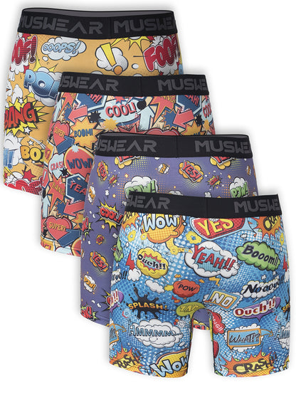 Set of 4 MUSWEAR Men's Boxer Shorts, Moisture-Wicking, Sweat-Absorbing, Side-Opening, Long Length, Print, Quick-Dry Sports Underwear in Cartoon Graffiti Comic Style.