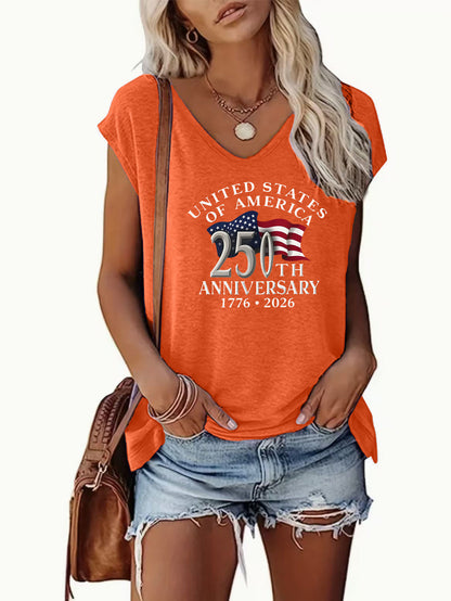 Plus Size, Plus Size Casual Vneck Sleeveless White Tshirt with American Flag 250th Anniversary Print, Perfect for Home, Outdoors, or Gifting| Ideal for Valentine's Day, and More