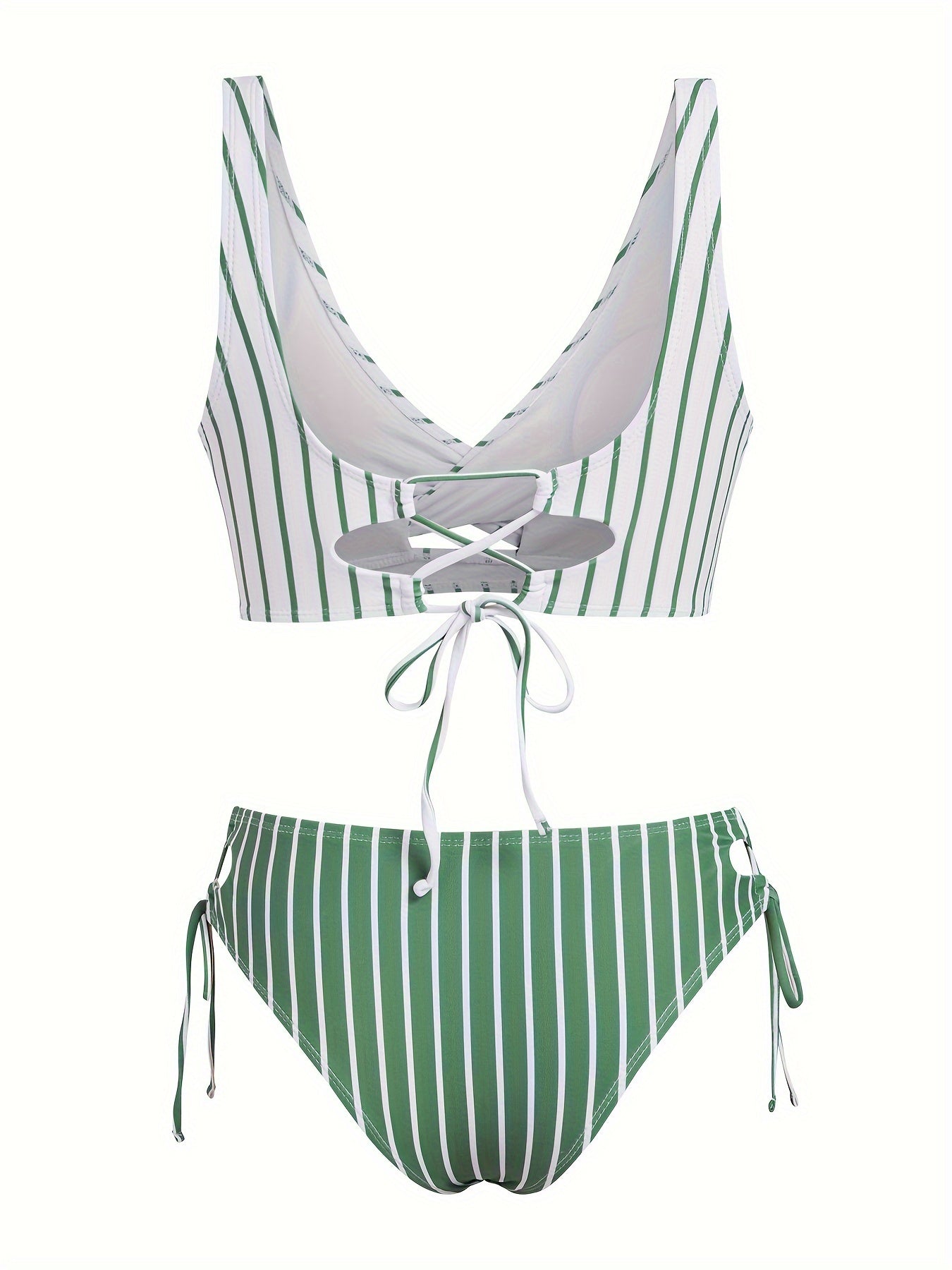 Women's Stripe Print Cross Front Tankini Set, Two-Piece Swimsuit With Adjustable Side Tie Bottoms, Summer Beachwear