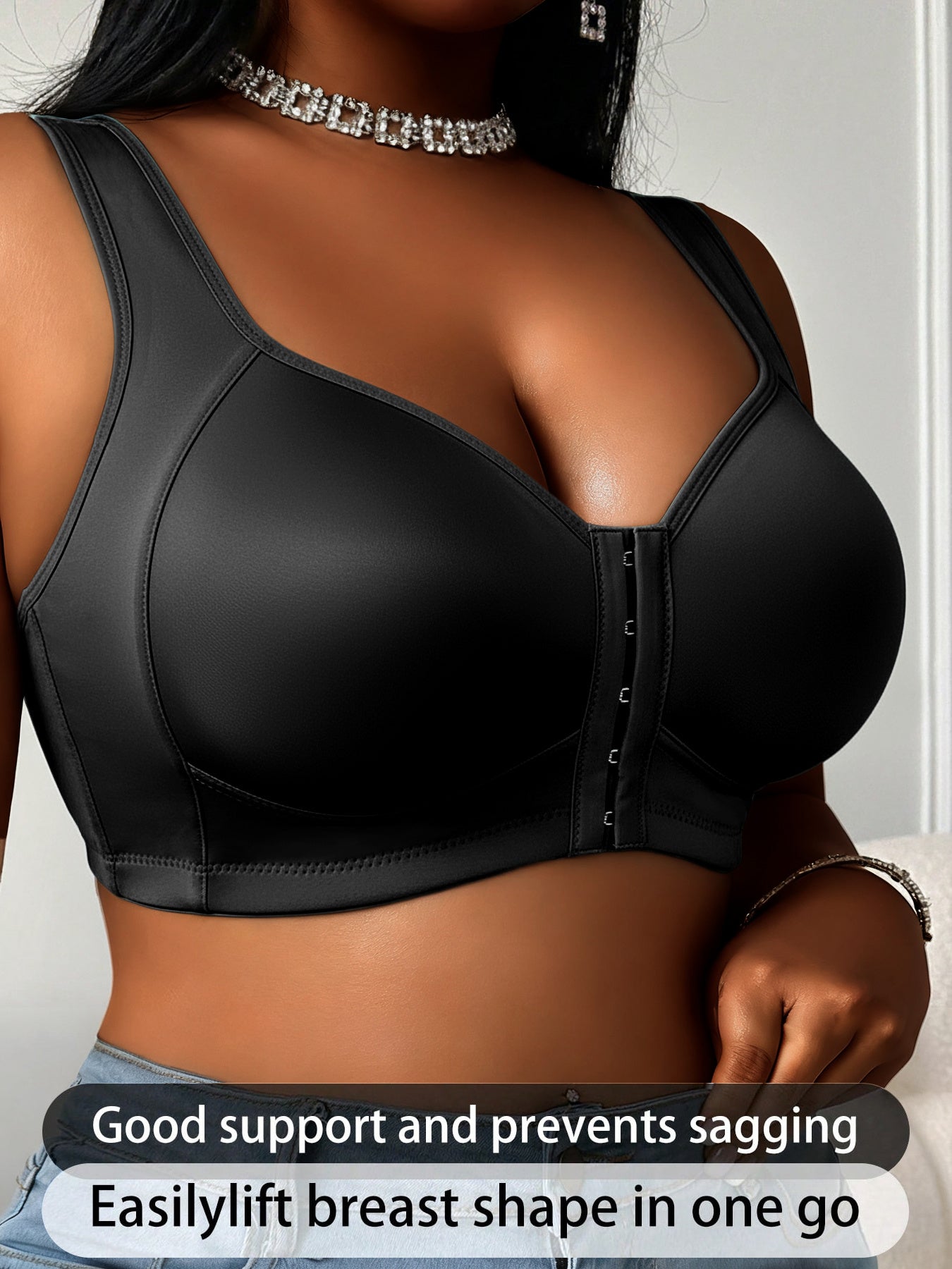 1pc Women'S Plus Size Bra Without Steel Rims, Satin Fabric, Smooth Fabric, Front Buckle Design With Strong Support, Suitable For Daily Wear And Formal Occasions - Full Cup Support, High Elasticity Material, High Support Enhancement