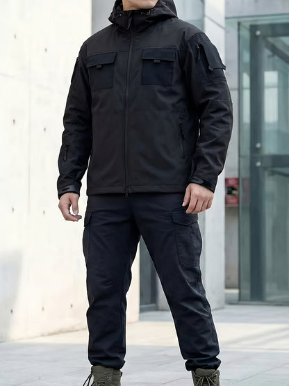 Men's Windproof Outdoor Jacket - Heavy-Duty Full-Zip Hooded Coat with Zippered Pockets, Scratch-Resistant Shell for Hiking, Camping, Hunting (Belt Included) Adjustable Hood -All-in-One Outdoor Shell Coat for Camping Essentials, Rugged Design, Durable