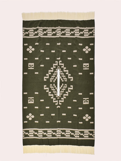 Men's Western Bandit Cape Coat with Tribal Print, Warm V-Neck Poncho with Tassel Trim for Outdoor Adventures, Fall and Winter Casual Wear (Brown/ White)