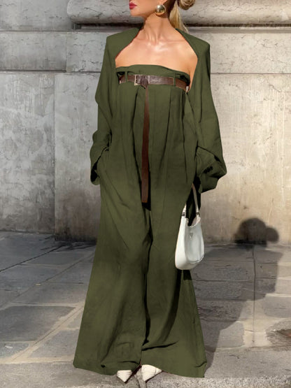 Alofi Women'S Stylish Jumpsuit Set Collarless Long Sleeve Outerwear And Strapless Wide Leg Jumpsuits Summer Loose Fit Suit