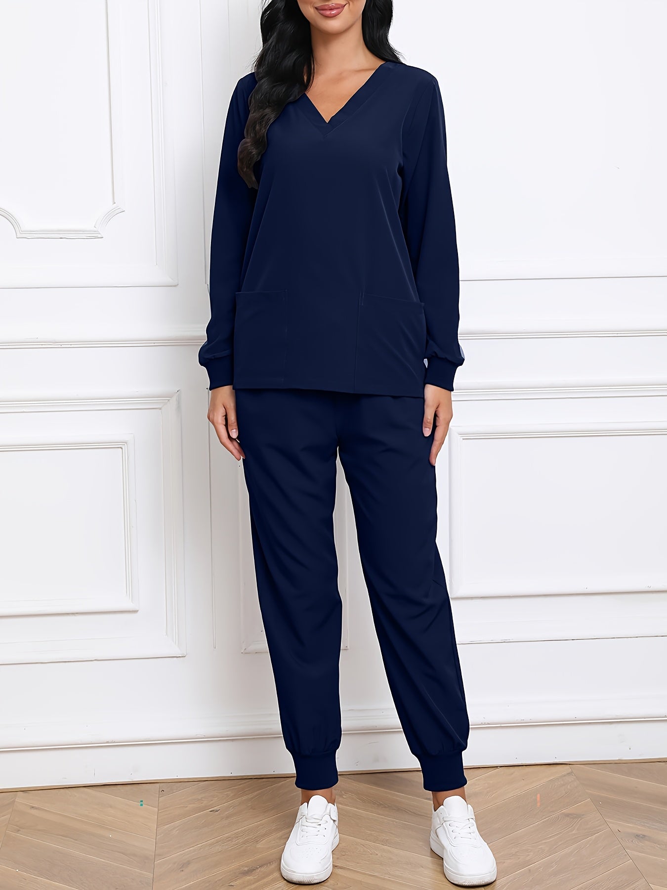 Women'S V-Neck Long Sleeve Elastic Uniform Set with Pockets, Breathable Stretch Top And Waist Cord Pocket Pants Two-Piece Set