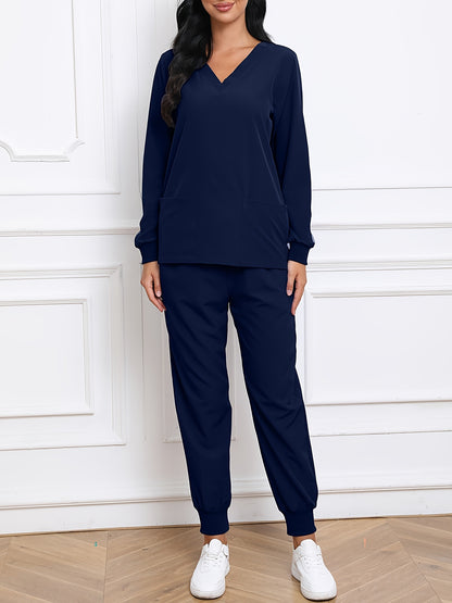 Women'S V-Neck Long Sleeve Elastic Uniform Set with Pockets, Breathable Stretch Top And Waist Cord Pocket Pants Two-Piece Set