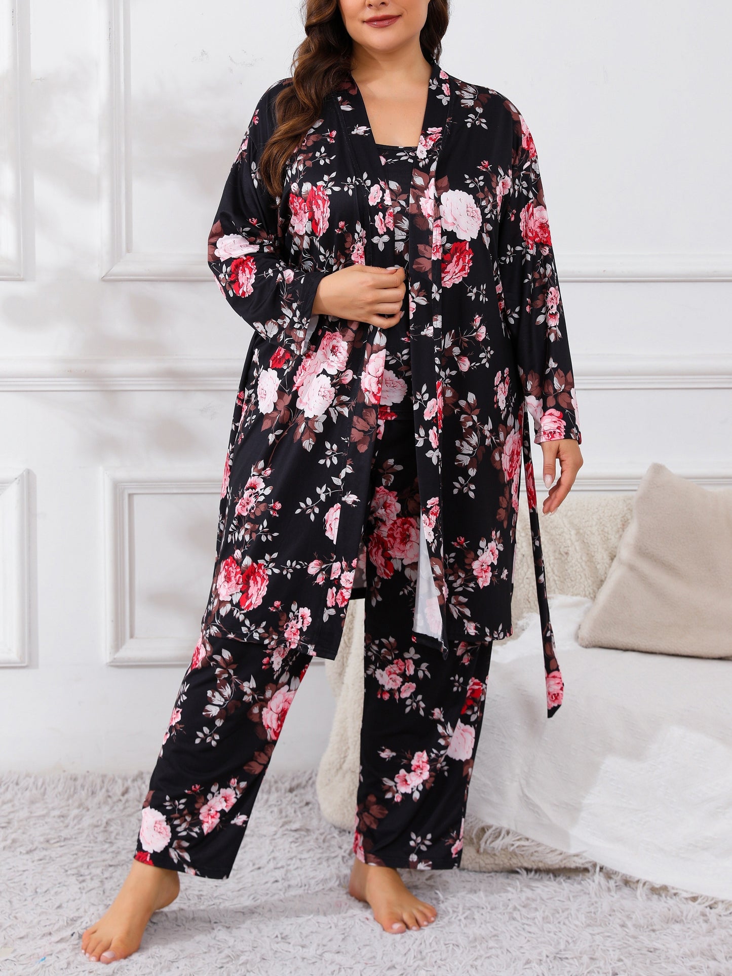 Large Size Women'S Flower Print Cami Top & Long Pants & Long Sleeve Robe 3pcs Elegant Casual Pajama Set