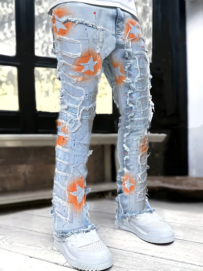 Men'S Star Print Fashion Layered Tassel Jeans