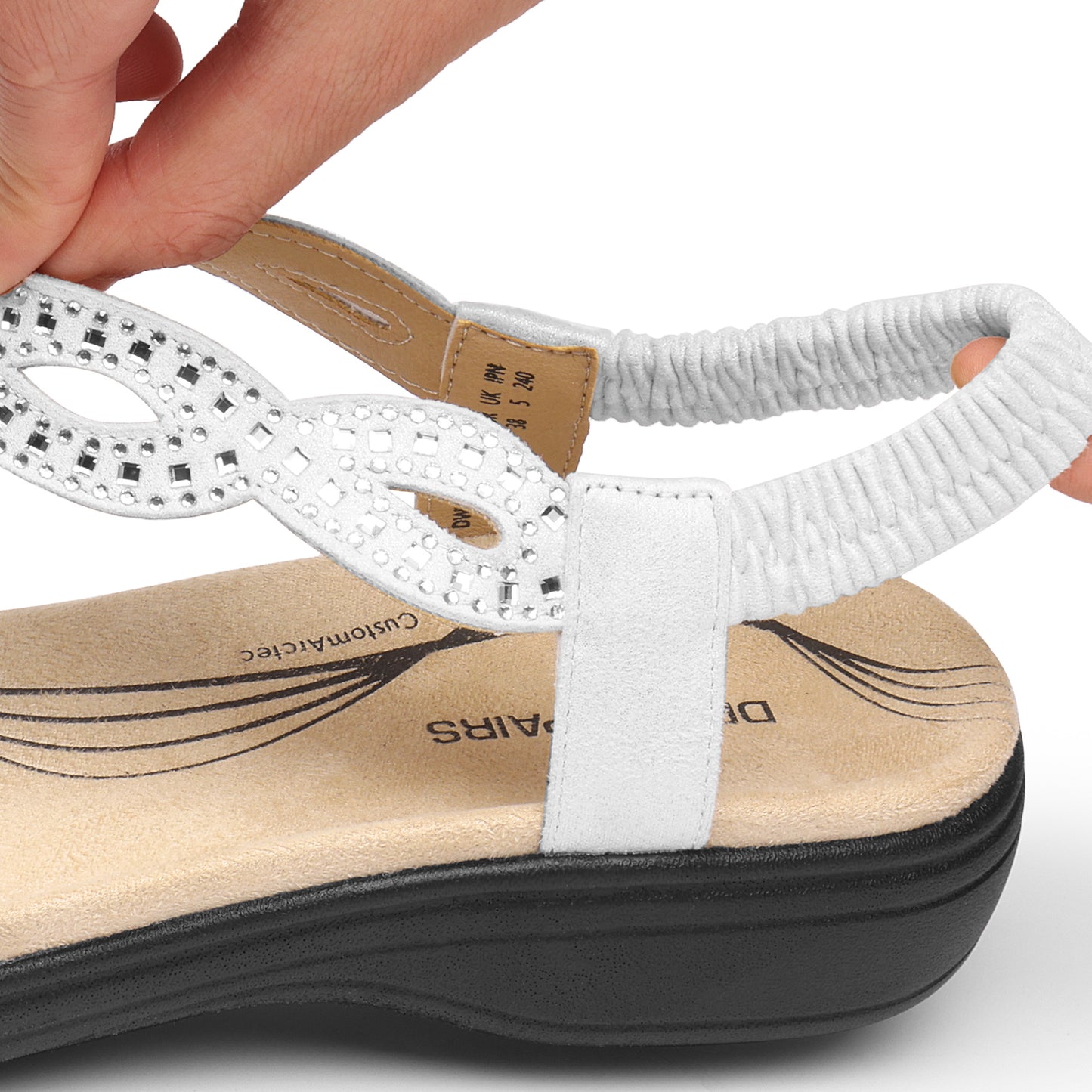 Women's Comfort Dressy Rhinestone Summer Beach Sandals Slip-on Flat Walking Orthopedic Sandals with Elastic Back Strap Soft & Cushioned Day-to-night wear Sandals