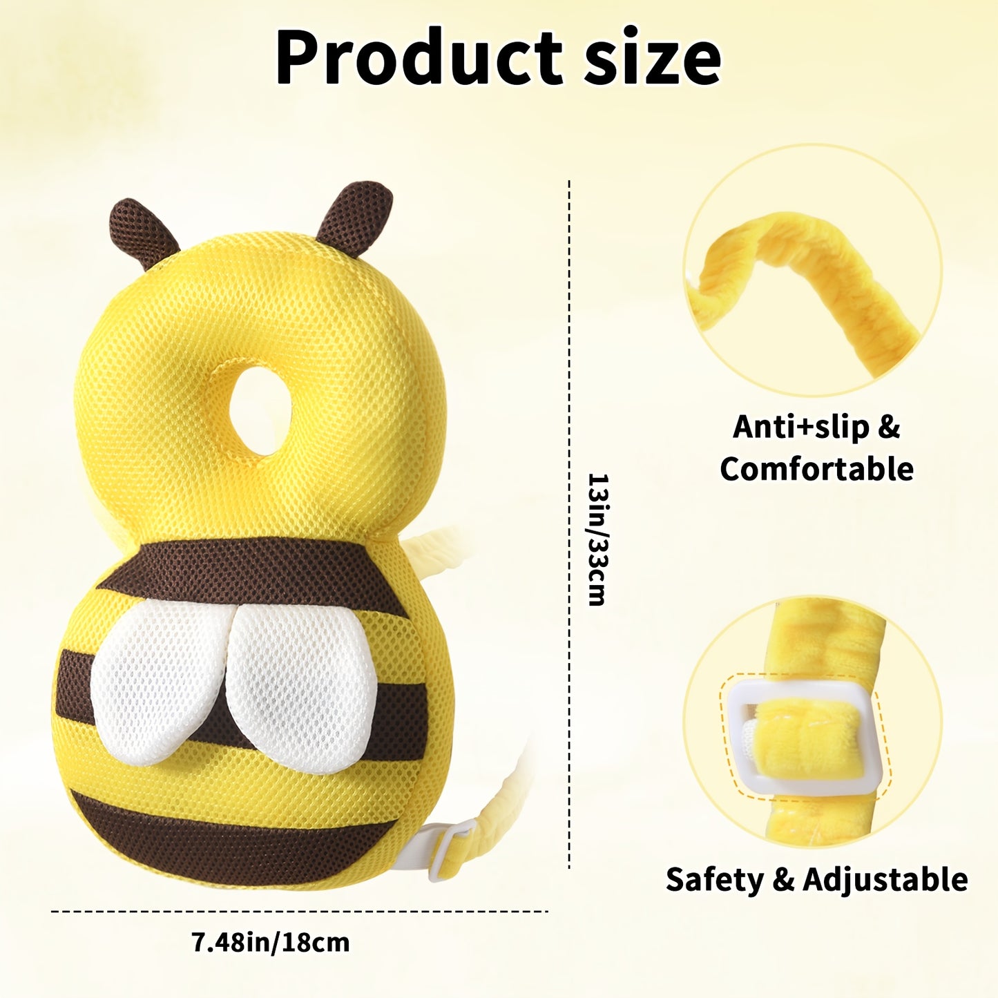 Baby Toddler Bee-Shaped Head Protection Backpack, Soft Plush Anti-Fall Cushion For Walking Practice, Adjustable Cartoon Safety Pillow, Colorful Polyester Filling, Ideal Gift For Infants