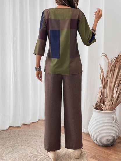 Elegant Women's Two-Piece Set - Round Neck Top And Wide Leg Pants with Checkered Patchwork Print, Polyester Material, Simple And Casual, Soft And Skin-Friendly, Perfect for Spring And Summer