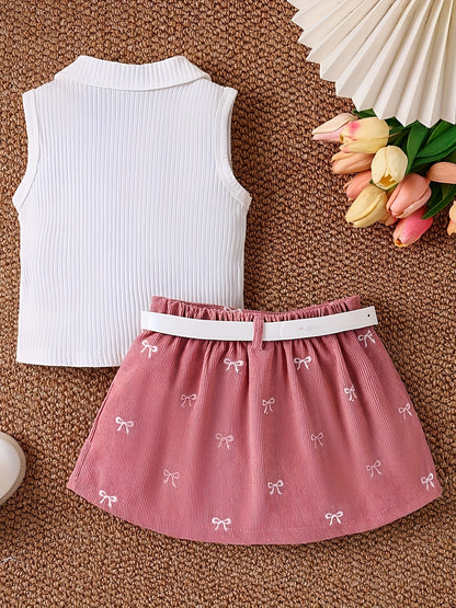 Girl's Collared Knit Tank Top + Bow Corduroy Skirt + Belt 3pcs Set - Sweet Preppy Style, Exquisite Bow Embroidery, Comfortable Corduroy Fabric, Elastic Waist, Perfect for Spring And Autumn, Great for Daily Streetwear And School Activities