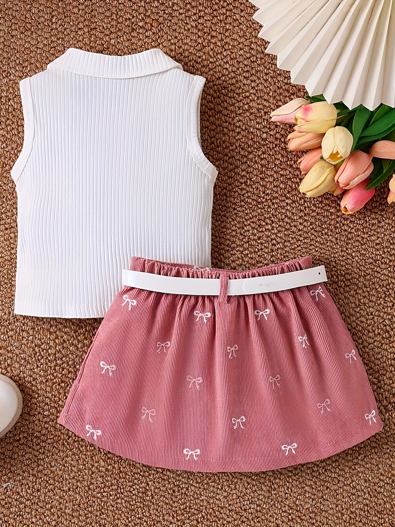 Girl's Collared Knit Tank Top + Bow Corduroy Skirt + Belt 3pcs Set - Sweet Preppy Style, Exquisite Bow Embroidery, Comfortable Corduroy Fabric, Elastic Waist, Perfect for Spring And Autumn, Great for Daily Streetwear And School Activities