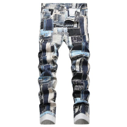 1pc Men's Fashion Denim Jeans, Stretch Slim Fit Washed Denim with Laser Digital Print, Casual Regular Length Pants with Built-in Zipper, Polyester Blend, Mid-Waist for Adult