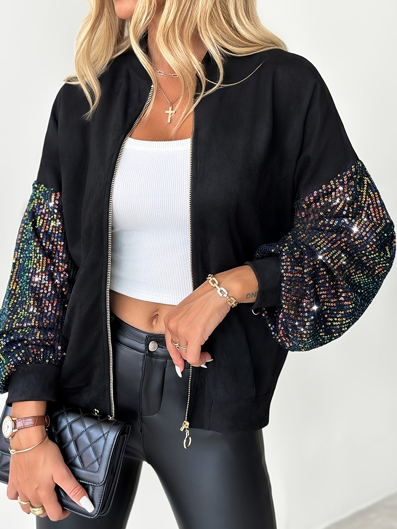 Women'S Y2K Style Black Jacket, Sequin Patchwork Design Cardigan, A Fashionable And Versatile Piece For Autumn And Winter.