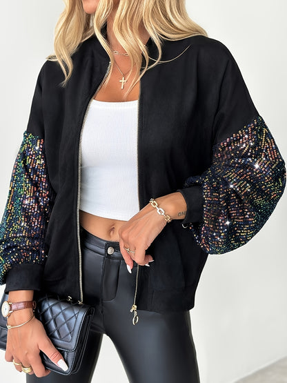 Women'S Y2K Style Black Jacket, Sequin Patchwork Design Cardigan, A Fashionable And Versatile Piece For Autumn And Winter.