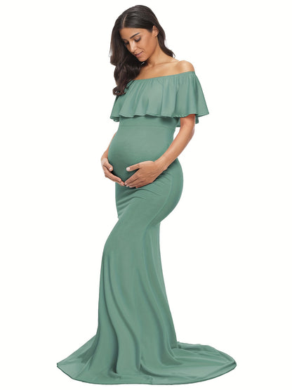 Womens Off Shoulder Maternity Dress Ruffles Elegant Slim Gowns Fit Maxi Photography Dress