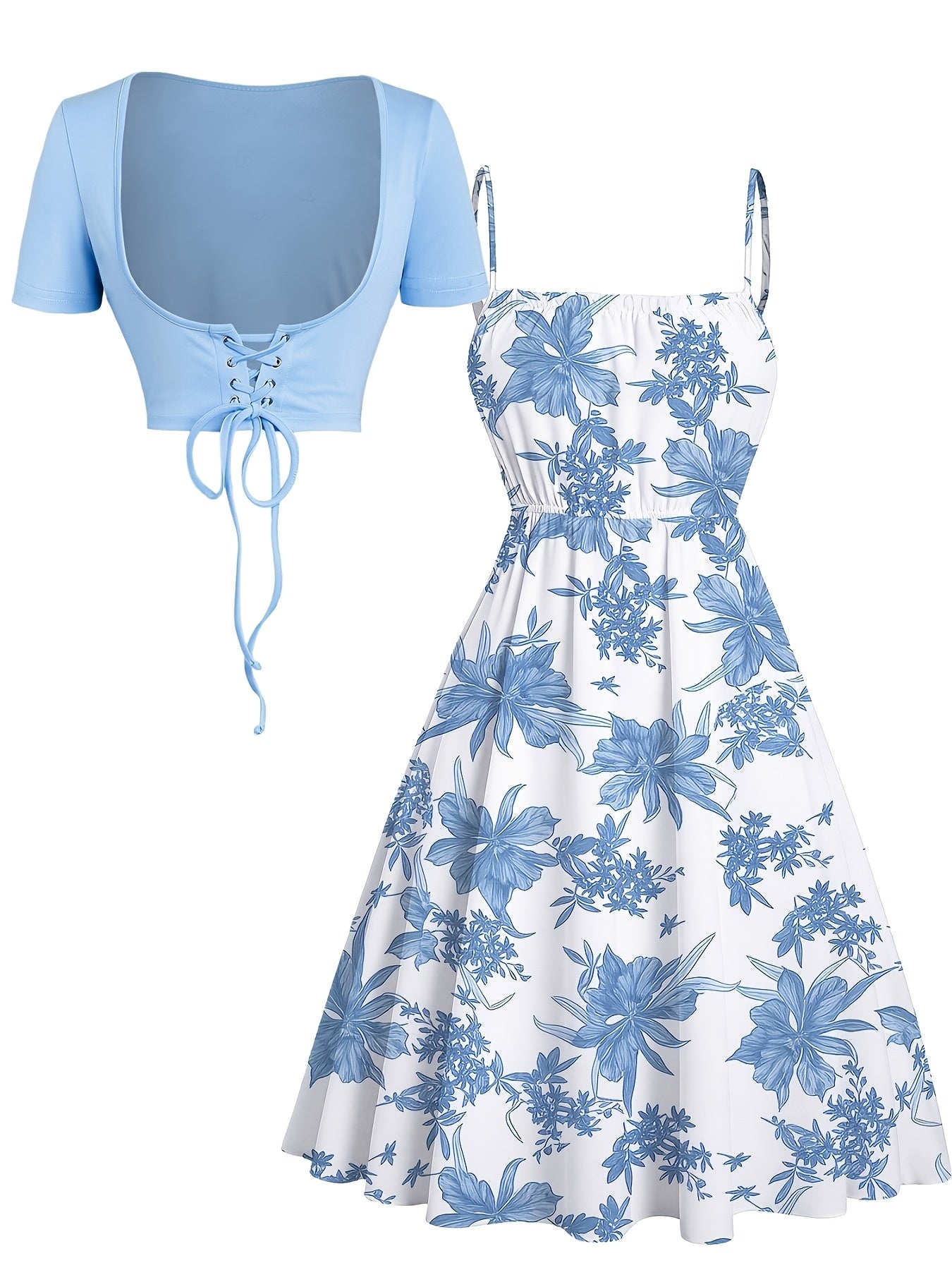 Floral Print Waisted Sleeveless Cami Dress And Solid Lace Up Short Sleeve Crop Top Set