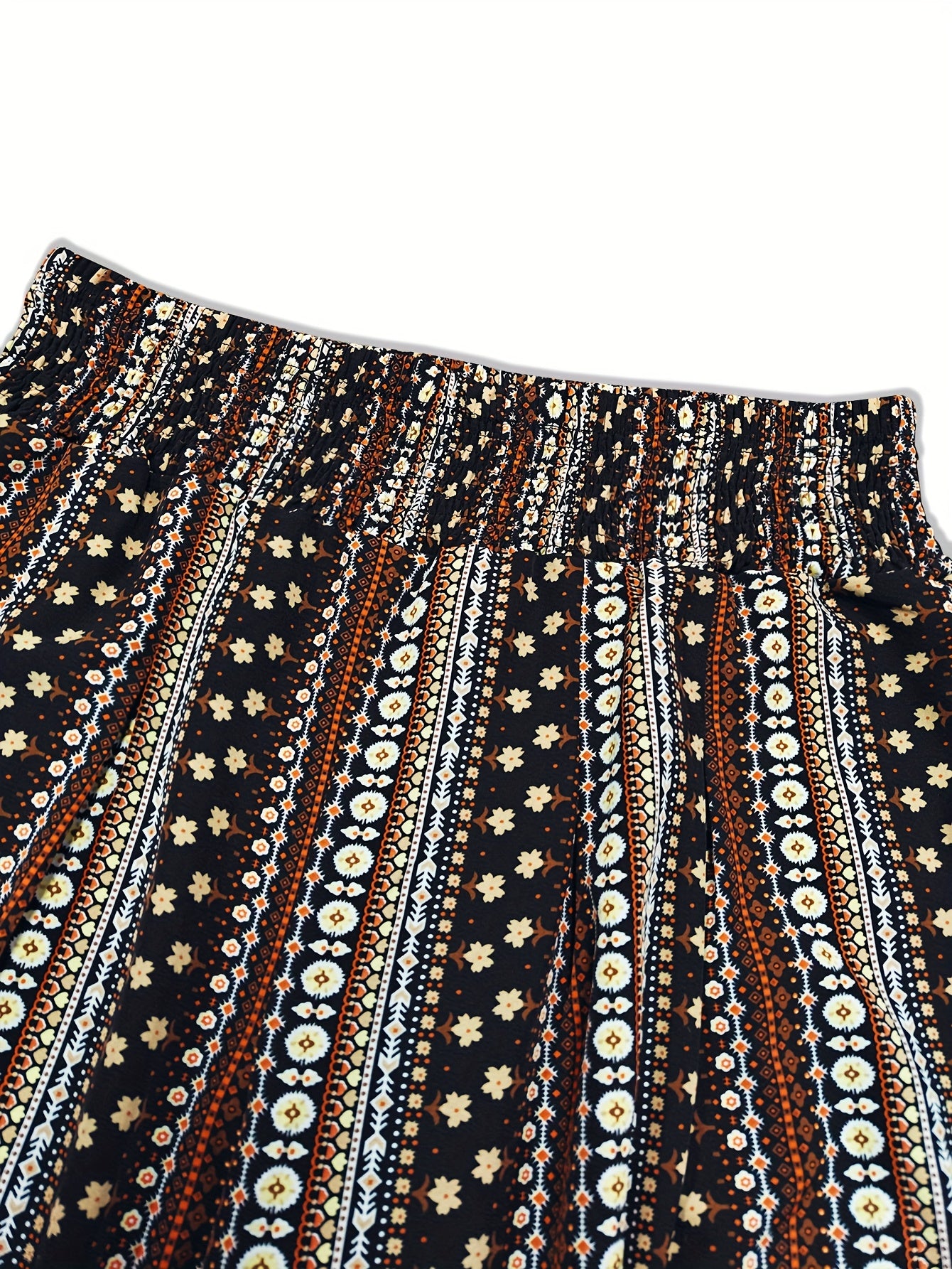 Plus Size, Spring, Summer And Autumn Large-sized Women's Casual Pants, Retro Prints, Pleats At The Waist, Elastic Bands At The Waist, Pockets, Smooth Cut, Straight Leg, Wide Leg, Versatile Wide-leg Long Pants for Daily Use