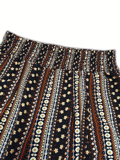 Plus Size, Spring, Summer And Autumn Large-sized Women's Casual Pants, Retro Prints, Pleats At The Waist, Elastic Bands At The Waist, Pockets, Smooth Cut, Straight Leg, Wide Leg, Versatile Wide-leg Long Pants for Daily Use