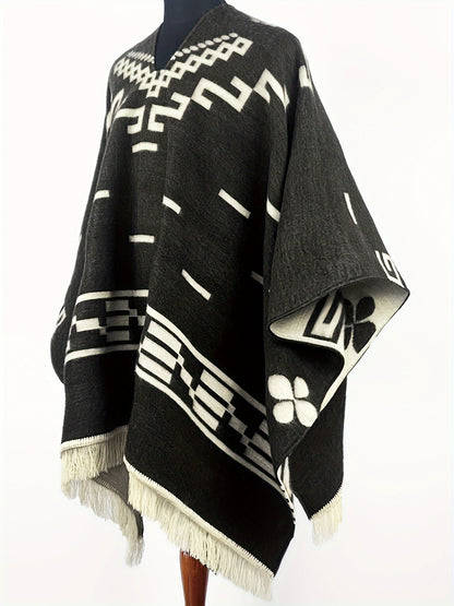Men's Western Bandit Cape Coat with Tribal Print, Warm V-Neck Poncho with Tassel Trim for Outdoor Adventures, Fall and Winter Casual Wear (Brown/ White)