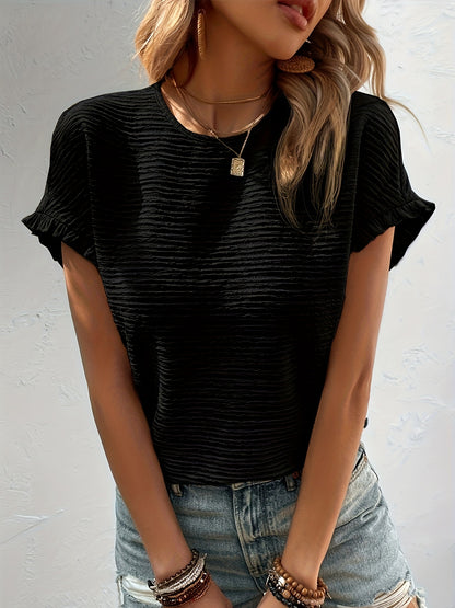 Solid Textured Ruffled Short Sleeve Blouse