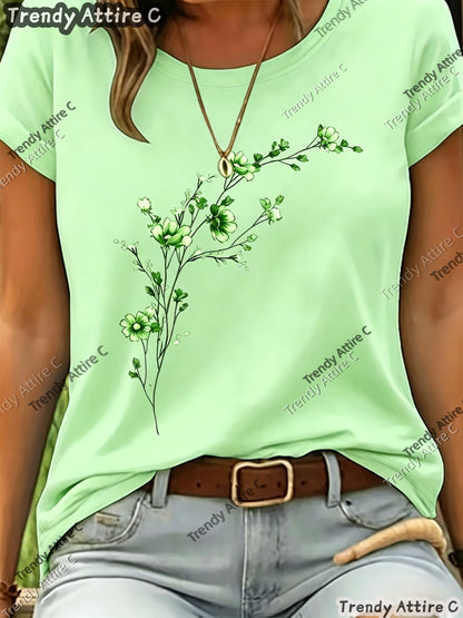 This Short-sleeved T-shirt Features A Purple Floral Print with A Horizontal Branch Pattern. It Has A Regular Fit And A Round Neck, Making It A Suitable Gift for Spring/summer. Perfect for Outdoor Casual Wear