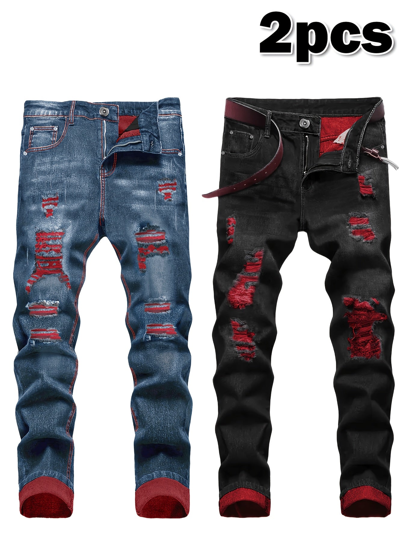 2pcs Men's Slim Fit Distressed Ripped Jeans | Classic Stretch Denim Pants, Trendy Casual Versatile Outfits