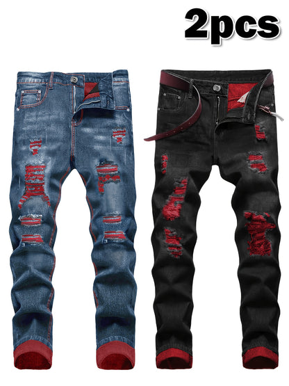 2pcs Men's Slim Fit Distressed Ripped Jeans | Classic Stretch Denim Pants, Trendy Casual Versatile Outfits