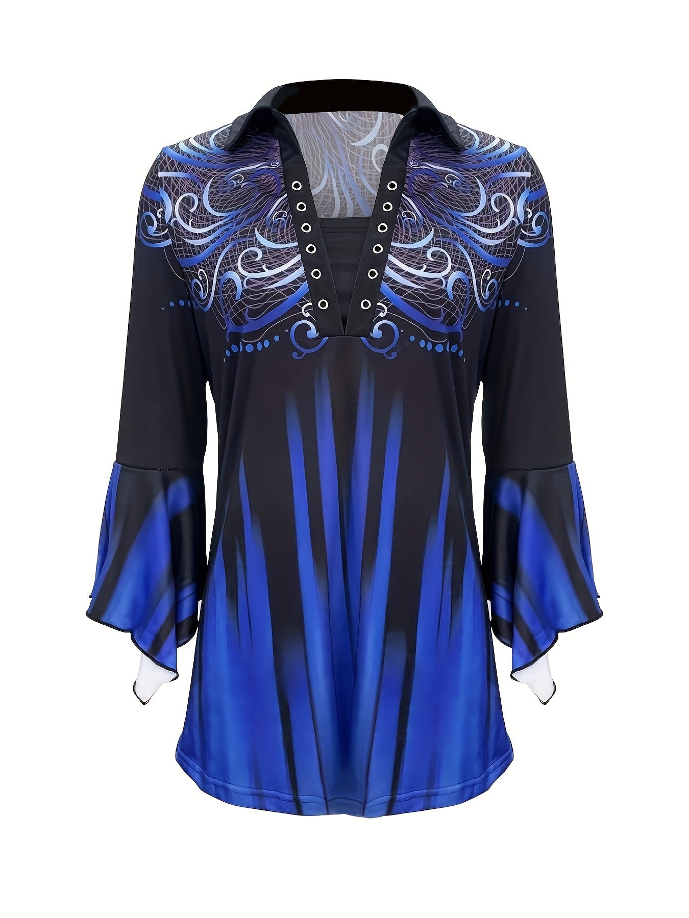 Spring And Autumn New Printed Lapel Blue Three-quarter Sleeve T-shirt Irregular Sleeve Button- Tops