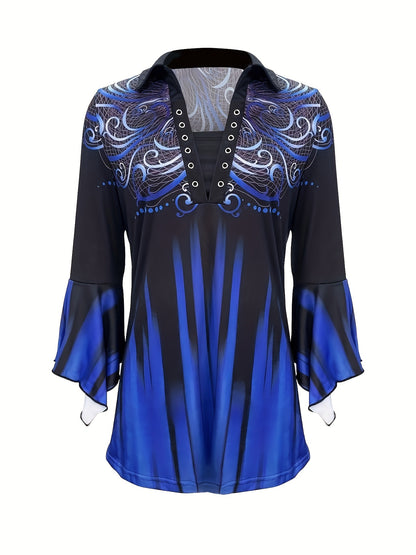 Spring And Autumn New Printed Lapel Blue Three-quarter Sleeve T-shirt Irregular Sleeve Button- Tops