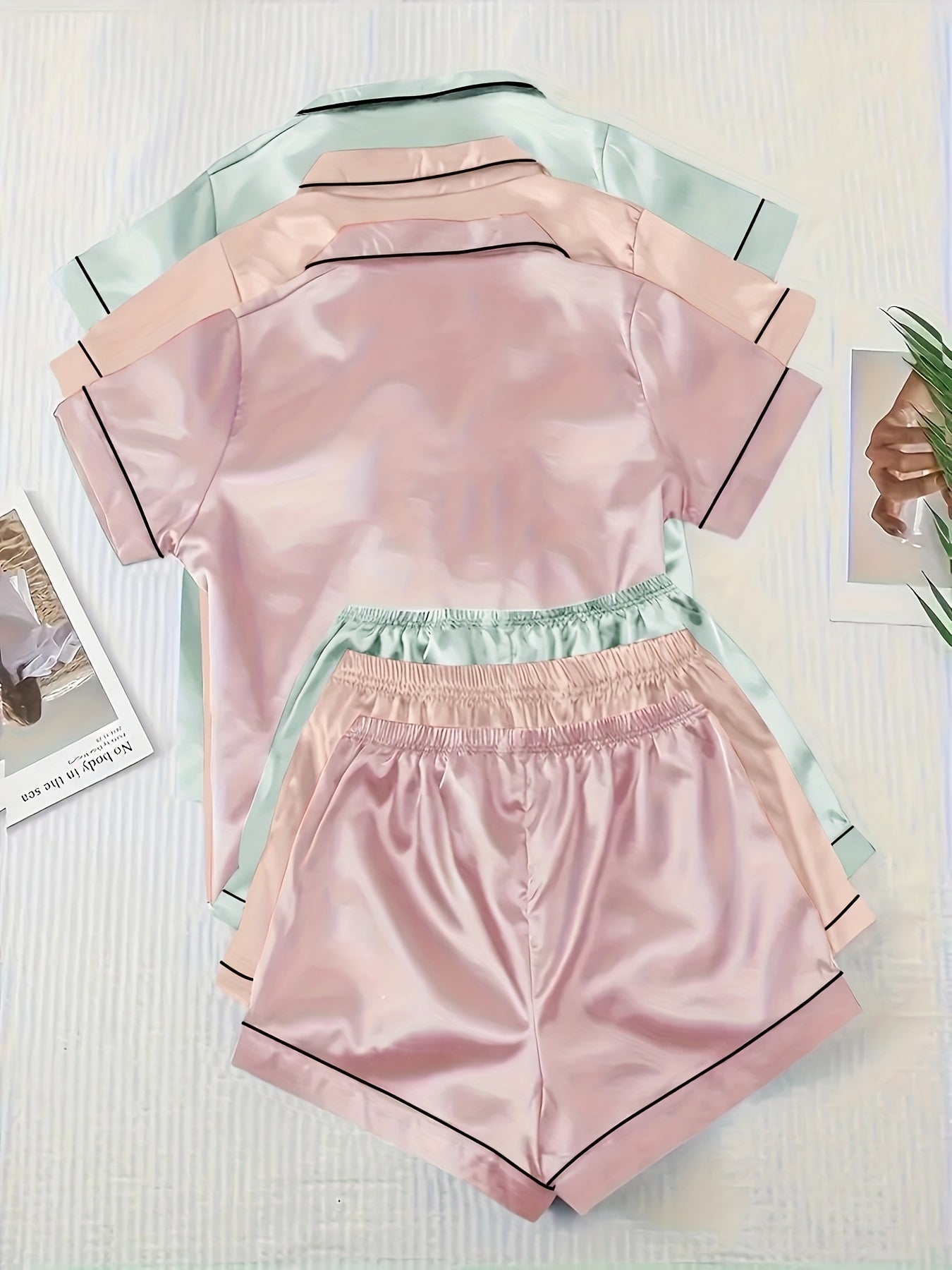 Casual, Fashionable, and Comfortable 6pcs Set in 3 Colors: Solid, Plain, Satin, and Satin Trim Short-Sleeve Shirt & Elastic Waist Shorts Pajama Set