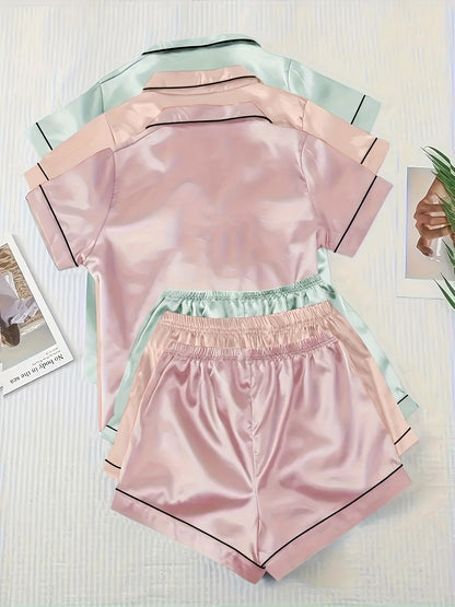 Casual, Fashionable, and Comfortable 6pcs Set in 3 Colors: Solid, Plain, Satin, and Satin Trim Short-Sleeve Shirt & Elastic Waist Shorts Pajama Set