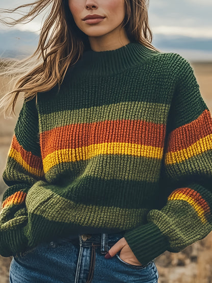 Cozy Fall Winter Stripe Sweater Loose Long Sleeves Pullover Crewneck ForTravelLoungeAndOutdoorUse CasualYetChic 1pc Elegant Top Women's Knitwear