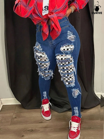 Women's Skinny Jeans - Medium Blue Distressed
