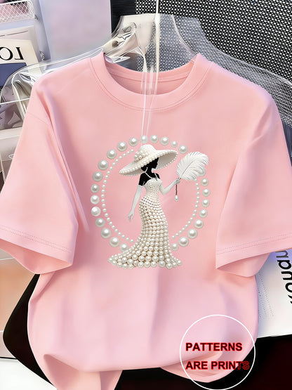 Elegant Light Luxury High-end Temperament Style Wear! Women's Printed T-Shirt-Pearl Diamond Jewelry Women's Design | Light Luxury Gorgeous Daily | Soft and Breathable Upper Body Fabric, Spring and Summer Casual Round Neck Short-sleeved Top