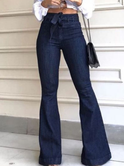 High-Waisted Slightly Stretchy Belt-Accented Flared Pants, Wide-Leg Women'S Jeans, Retro Flared Jeans, Loose-Fitting Women'S Jeans, Featuring 70S Style Ripped Design And Elastic Waistband, Suitable for Casual Or Cocktail Party Occasions
