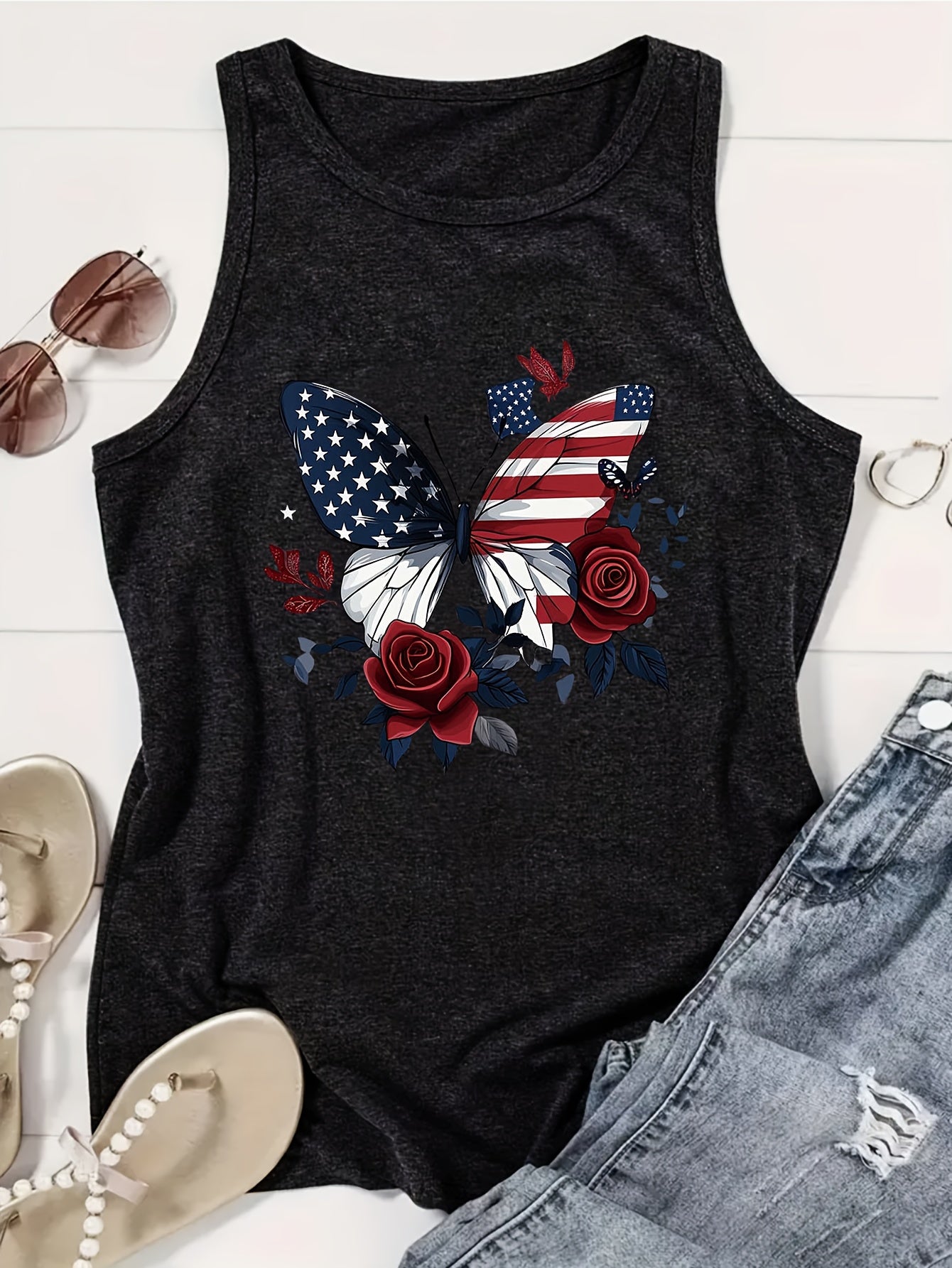 1pc, 180g Fashionable Crew Neck Tank Top - Drawing Printed Top for Women - Casual Short Sleeveless Crew Neck Shirt - Lightweight & Breathable Vest for All Seasons Wardrobe, Polyester