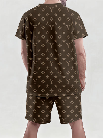 Men'S 3D Digital Print Casual Short Sleeve Shorts Set, Luxury Style Full Monogram Print, Classic Y-Shaped Jacquard Design 2pcs Outfit, Effortlessly Achieves an Upscale Look And Showcases a Unique Luxury Taste