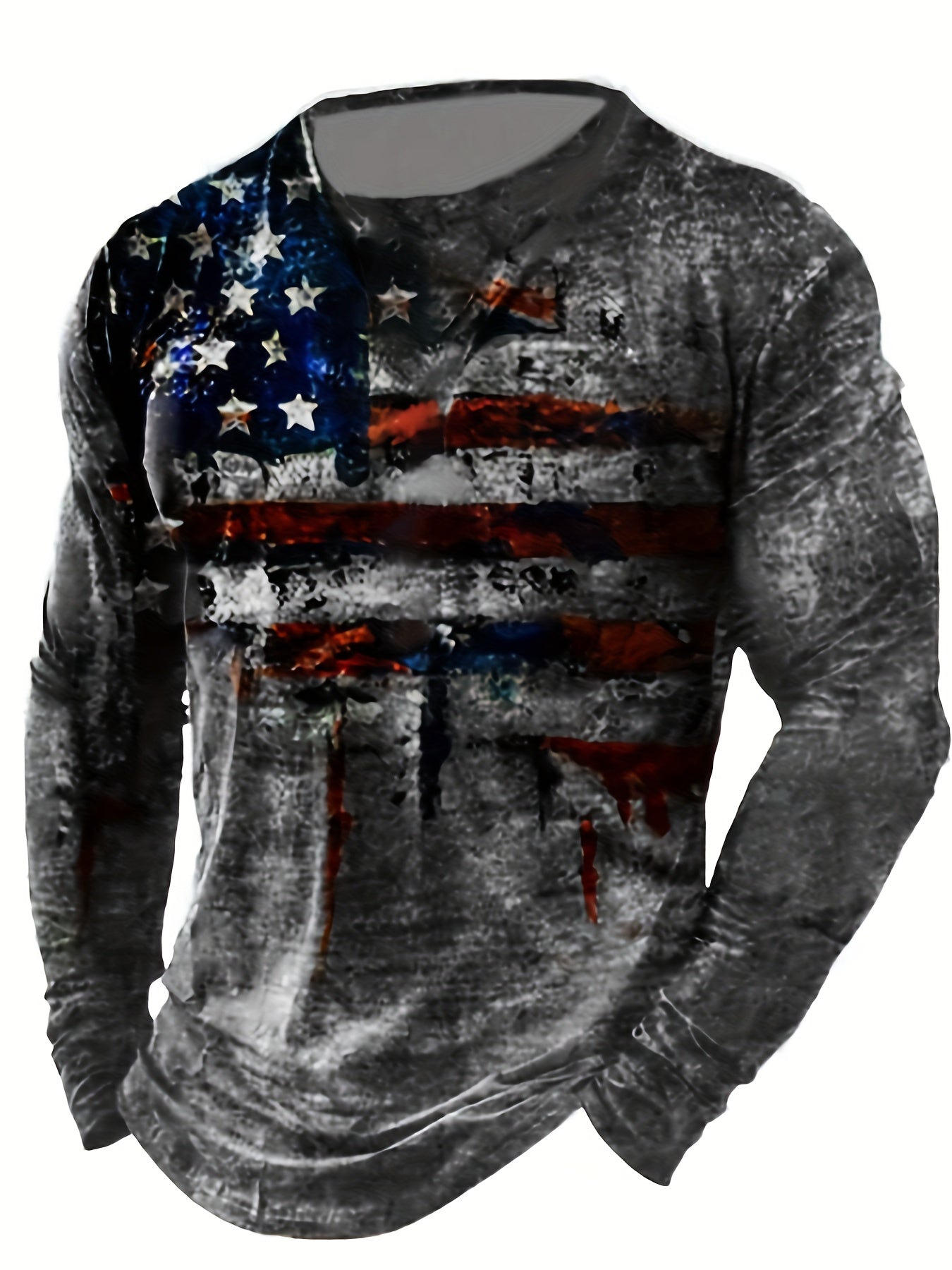 1 Men's American Flag Print Long-Sleeve T-Shirt - Casual Crew Neck All-Season Fit, Machine Washable Polyester Top for Year-Round Wear, Christmas & Halloween Gift for Men