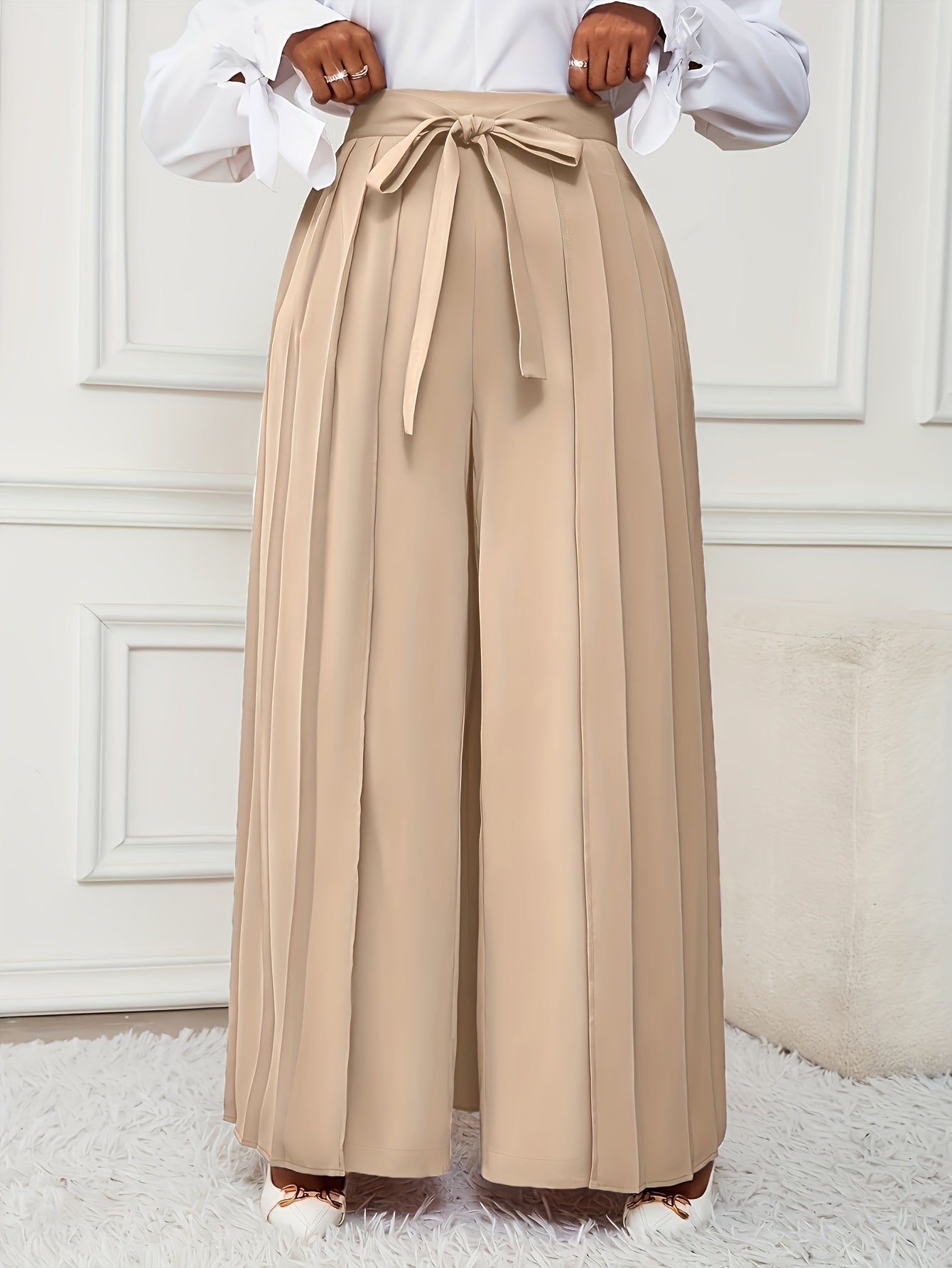 Plus Size - Plus-size Women'S Pants With Elegant Pleats, Removable Design, Two-way Wear, Straight-leg Style, Retro Chic, Casual, Suitable For All Seasons Throughout The Year.